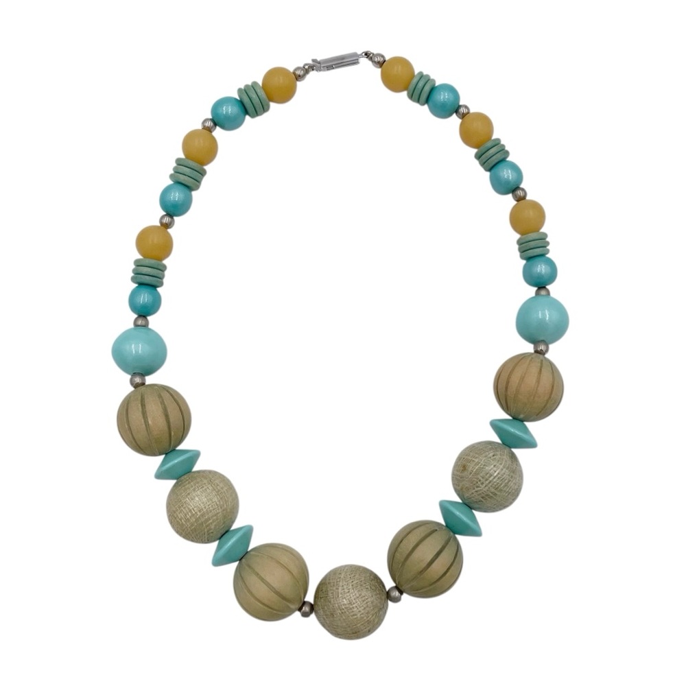 Vintage Chunky Wooden Circle Beads Mixed Materials Necklace Teal Blue Beige Boho